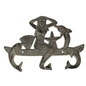 Metal Green Mermaid Dolphins Nautical Beach Wall Coat Hook